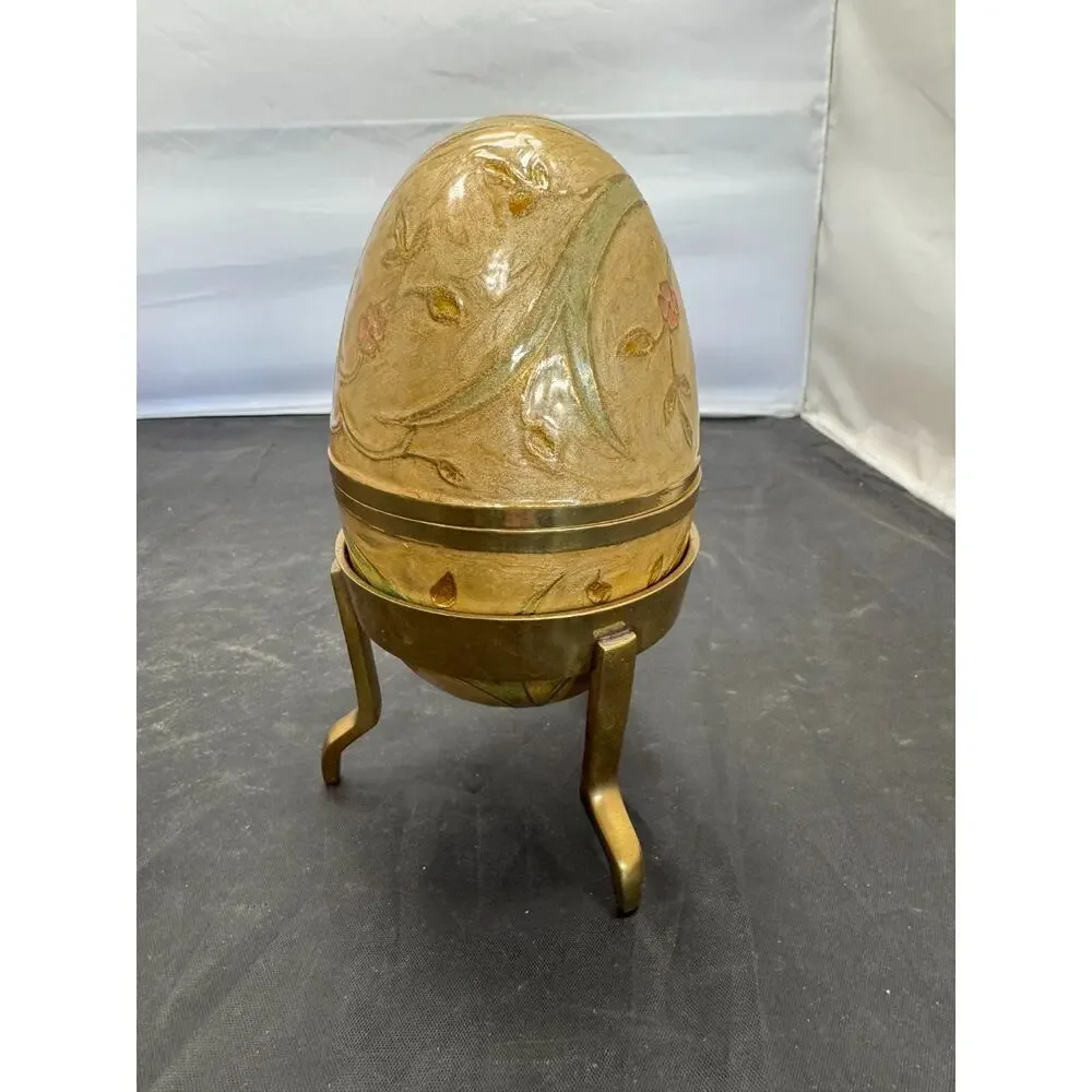 VTG Cream Pink Green Cloisonne Enamel Brass Egg On Stand Lift Off Trinket Box 6" - Picture 3 of 10